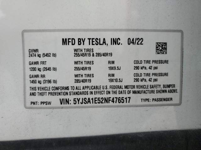 5YJSA1E52NF476517 - 2022 TESLA MODEL S Սպիտակ լուսանկար 13