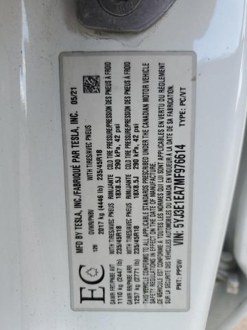 5YJ3E1EA7MF976614 - 2021 TESLA MODEL 3 WHITE photo 13