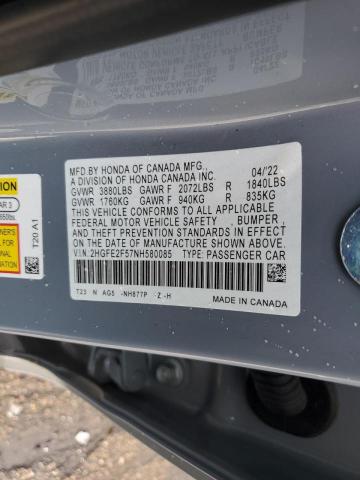 2HGFE2F57NH580085 - 2022 HONDA CIVIC SPORT Blau Foto 12