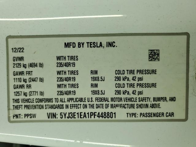 5YJ3E1EA1PF448801 - 2023 TESLA MODEL 3 WHITE photo 12