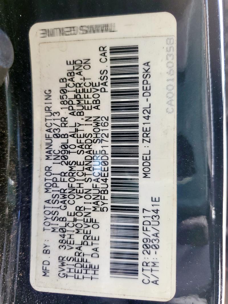 5YFBU4EE0DP172162 - 2013 TOYOTA COROLLA BASE Черный фото 12