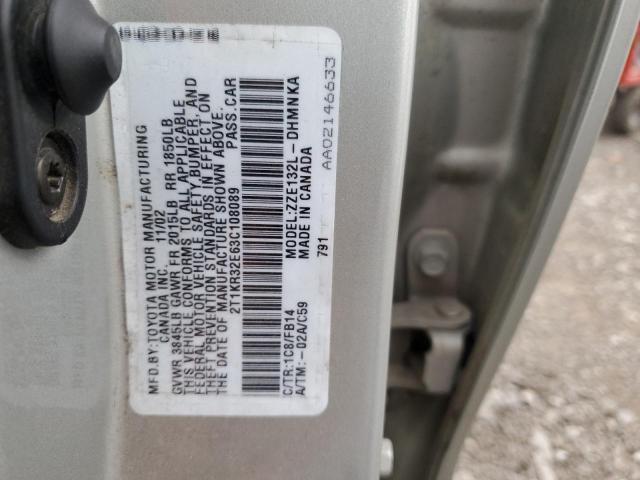 2T1KR32E63C108089 - 2003 TOYOTA COROLLA MA XR SILVER photo 13