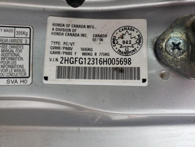 2HGFG12316H005698 - 2006 HONDA CIVIC DX VP Gümüş foto 12