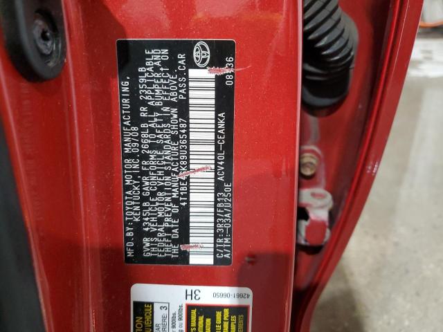 4T1BE46K89U365487 - 2009 TOYOTA CAMRY BASE წითელი ფოტო 12