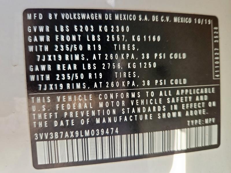 3VV3B7AX9LM039474 - 2020 VOLKSWAGEN TIGUAN SE WHITE photo 12