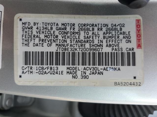 JTDBE32K720099607 - 2002 TOYOTA CAMRY LE SILVER photo 12