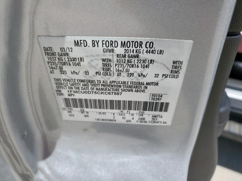 1FMCU0D75CKC67597 - 2012 FORD ESCAPE XLT ვერცხლისფერი ფოტო 13