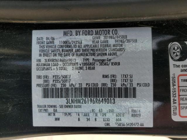 3LNHM26196R649013 - 2006 LINCOLN ZEPHYR შავი ფოტო 12