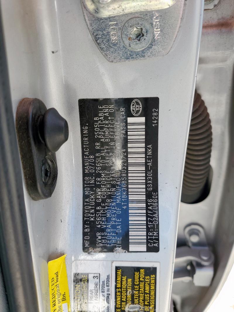 4T1BK36B58U321724 - 2008 TOYOTA AVALON XL ვერცხლისფერი ფოტო 12