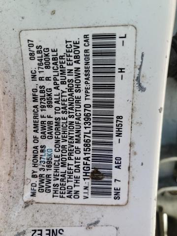 1HGFA15867L139670 - 2007 HONDA CIVIC EX WHITE photo 12