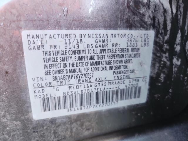 3N1AB7AP7KY270597 - 2019 NISSAN SENTRA S 灰色 照片 12