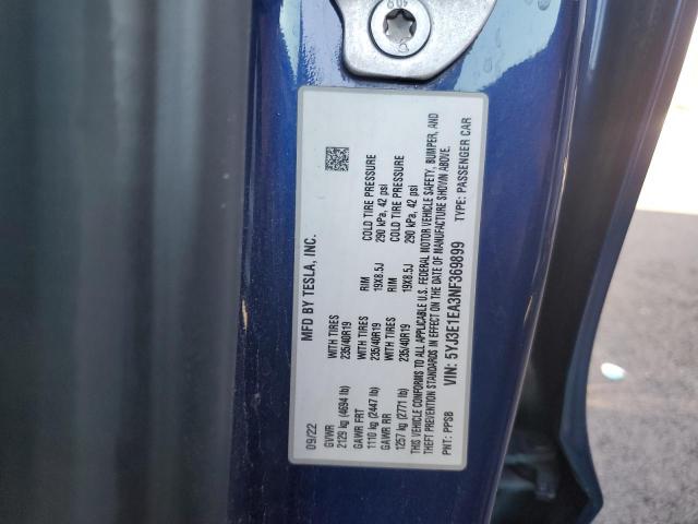 5YJ3E1EA3NF369899 - 2022 TESLA MODEL 3 Կապույտ լուսանկար 12