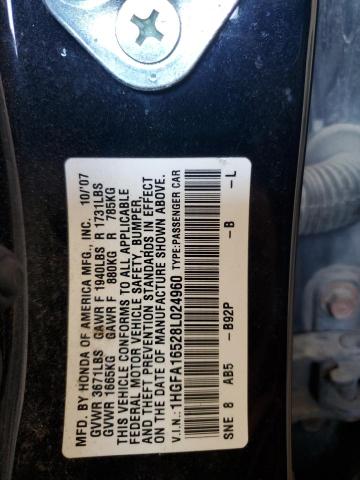 1HGFA16528L024960 - 2008 HONDA CIVIC LX BLACK photo 12