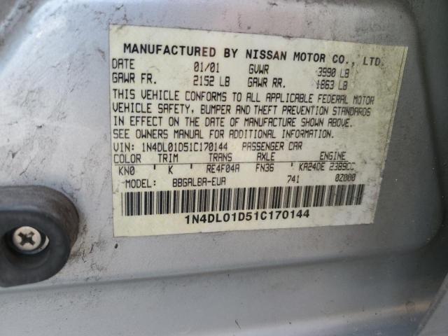 1N4DL01D51C170144 - 2001 NISSAN ALTIMA XE SILVER photo 12