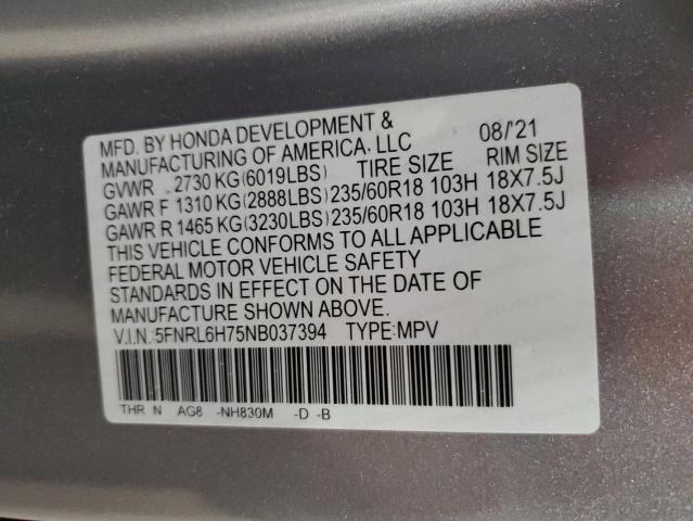 5FNRL6H75NB037394 - 2022 HONDA ODYSSEY EXL 灰色 照片 14