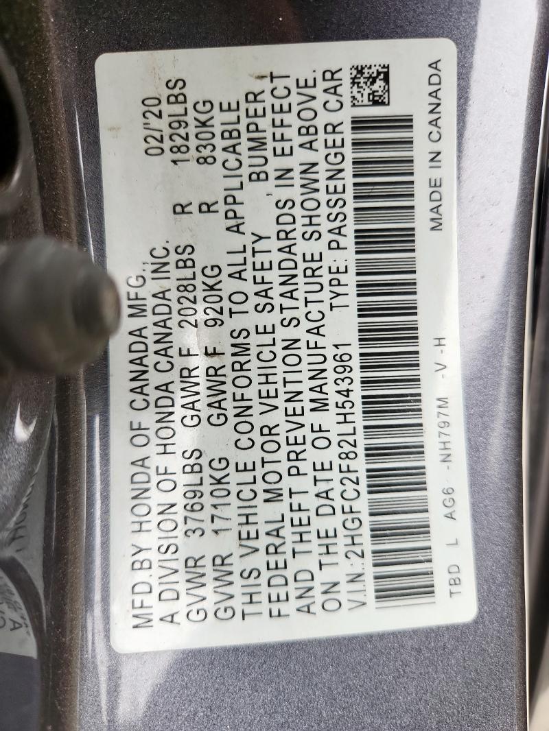 2HGFC2F82LH543961 - 2020 HONDA CIVIC SPORT GRAY photo 12