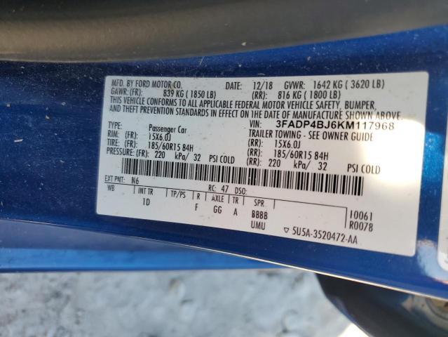 3FADP4BJ6KM117968 - 2019 FORD FIESTA SE 蓝色 照片 12