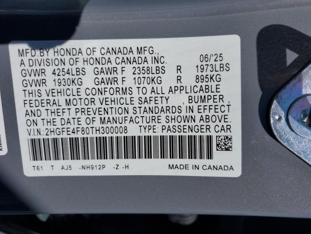 2HGFE4F80TH300008 - 2026 HONDA CIVIC SPORT Gris photo 12