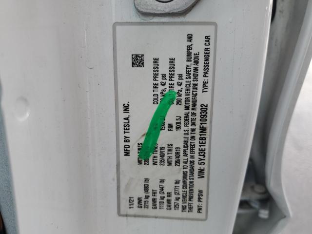 5YJ3E1EB1NF109302 - 2022 TESLA MODEL 3 Ağ foto 12