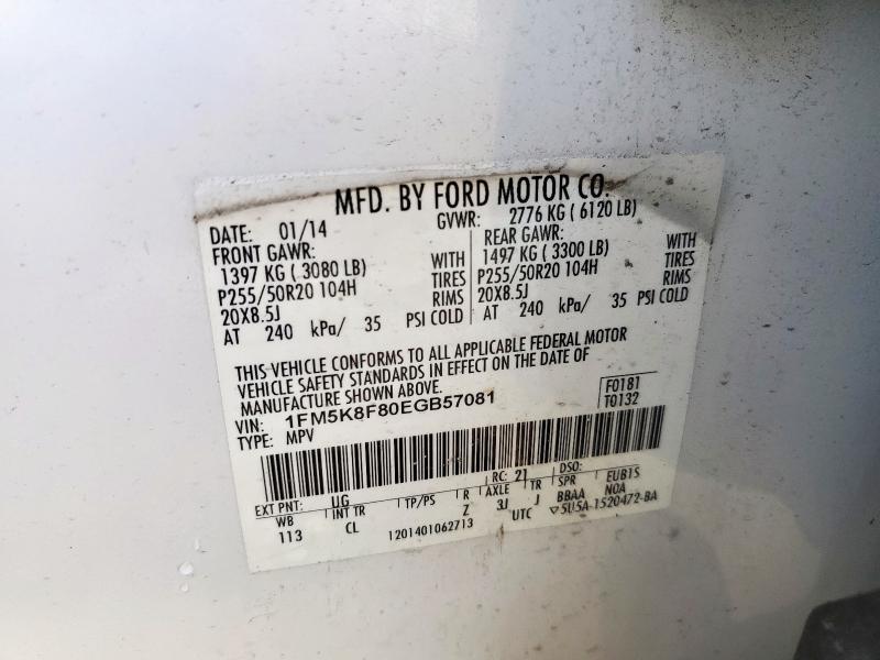 1FM5K8F80EGB57081 - 2014 FORD EXPLORER LIMITED WHITE photo 14