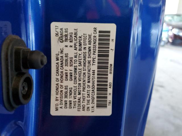 2HGFC3A50HH751444 - 2017 HONDA CIVIC SI BLUE photo 12