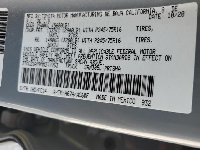 3TMCZ5AN9MM377763 - 2021 TOYOTA TACOMA DOUBLE CAB GRAY photo 12