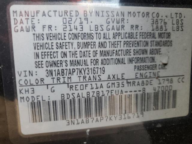 3N1AB7AP7KY316719 - 2019 NISSAN SENTRA S 黑色 照片 13