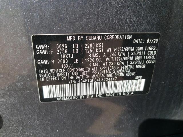 4S4BTGPD4L3234447 - 2020 SUBARU OUTBACK TOURING LDL رمادي صورة 13