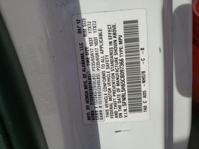 5FNRL5H65CB097366 - 2012 HONDA ODYSSEY EXL WHITE photo 13