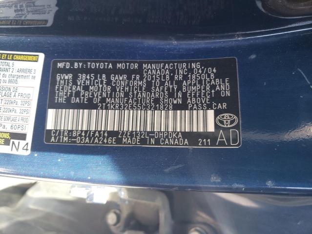 2T1KR32E55C321828 - 2005 TOYOTA COROLLA MA XR BLUE photo 12