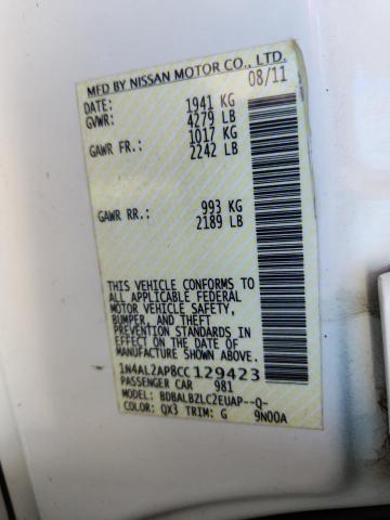 1N4AL2AP8CC129423 - 2012 NISSAN ALTIMA BASE 白色 照片 12