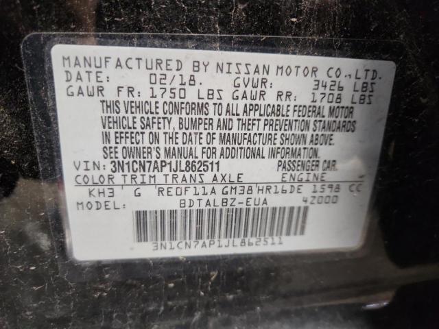 3N1CN7AP1JL862511 - 2018 NISSAN VERSA S BLACK photo 12