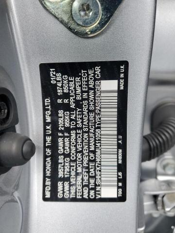SHHFK7H68MU411058 - 2021 HONDA CIVIC EX SILVER photo 12