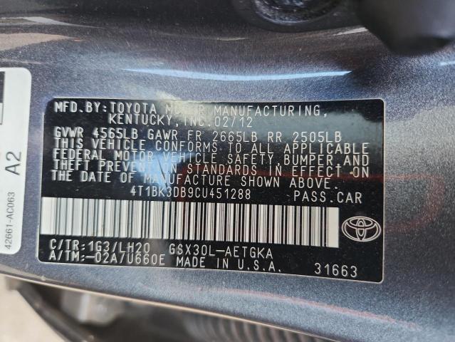 4T1BK3DB9CU451288 - 2012 TOYOTA AVALON BASE Szary zdjęcie 12