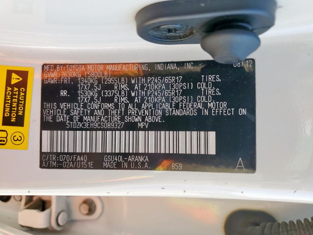 5TDZK3EH9CS089327 - 2012 TOYOTA HIGHLANDER BASE Белый фото 14