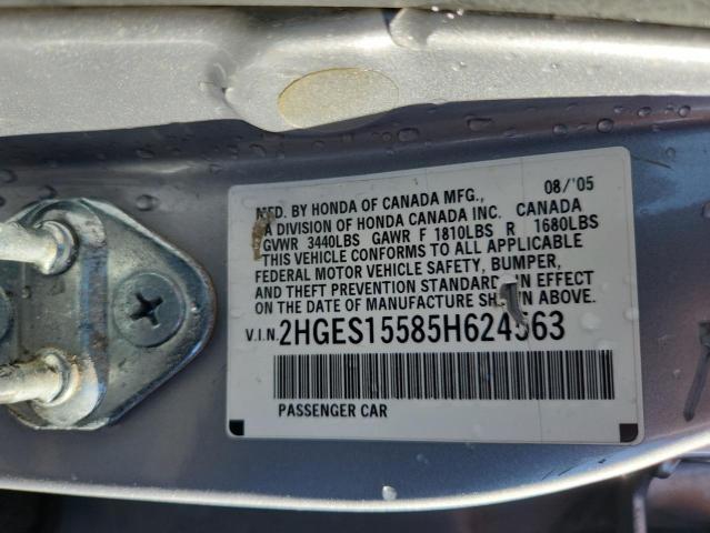 2HGES15585H624563 - 2005 HONDA CIVIC LX SILVER photo 12