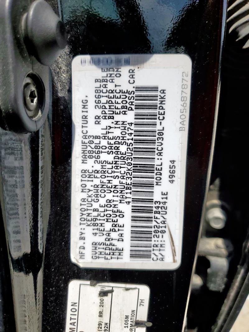 4T1BE32K03U251474 - 2003 TOYOTA CAMRY LE BLACK photo 12