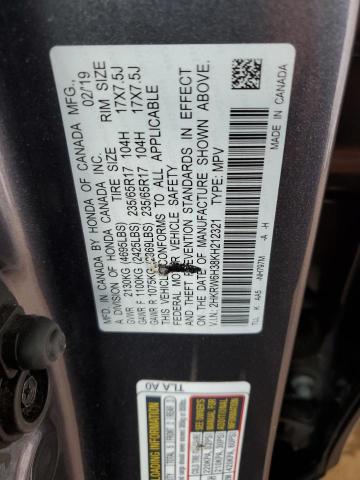 2HKRW6H38KH212321 - 2019 HONDA CR-V LX GRAY photo 13