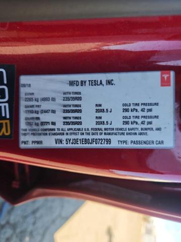 5YJ3E1EB0JF072799 - 2018 TESLA MODEL 3 წითელი ფოტო 12