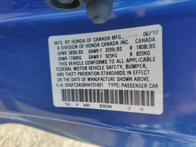 2HGFC3A5XHH751421 - 2017 HONDA CIVIC SI BLUE photo 13