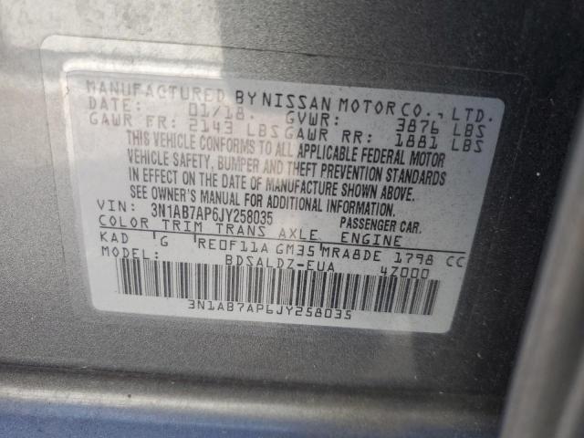 3N1AB7AP6JY258035 - 2018 NISSAN SENTRA S 灰色 照片 12