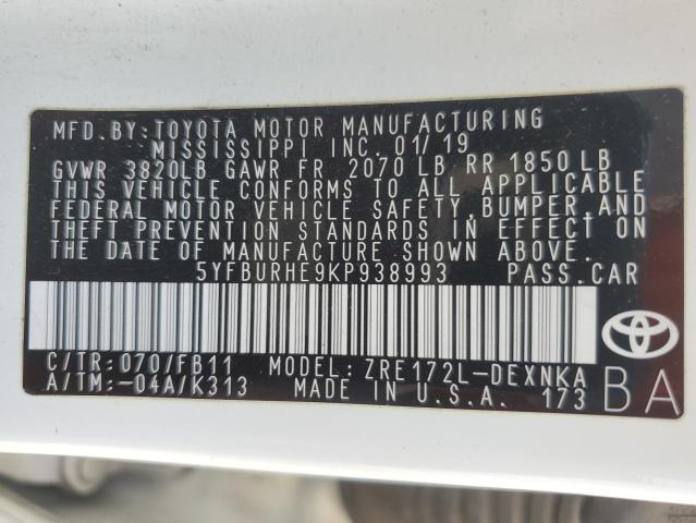 5YFBURHE9KP938993 - 2019 TOYOTA COROLLA L WHITE photo 13