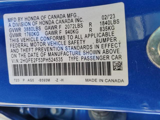 2HGFE2F53PH524535 - 2023 HONDA CIVIC SPORT Mavi foto 12