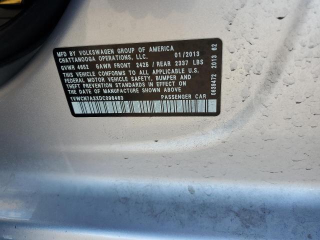1VWCN7A3XDC096463 - 2013 VOLKSWAGEN PASSAT SEL SILVER photo 12