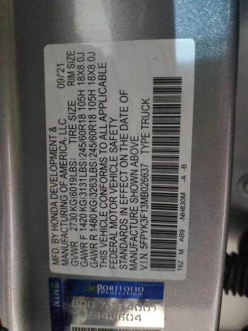 5FPYK3F13MB026637 - 2021 HONDA RIDGELINE SPORT SILVER photo 12