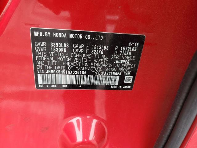 JHMGK5H51GX036186 - 2016 HONDA FIT LX RED photo 12
