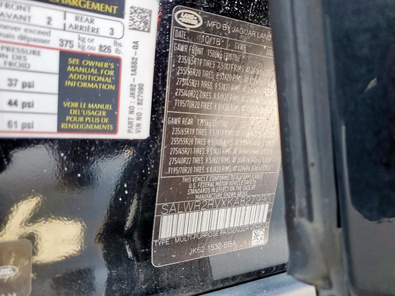 SALWR2RVXKA827990 - 2019 LAND ROVER RANGE ROVE HSE BLACK photo 13