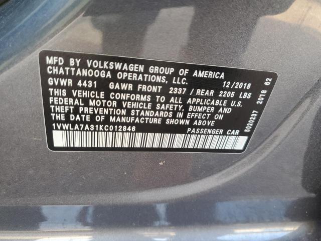 1VWLA7A31KC012846 - 2019 VOLKSWAGEN PASSAT WOLFSBURG GRAY photo 13