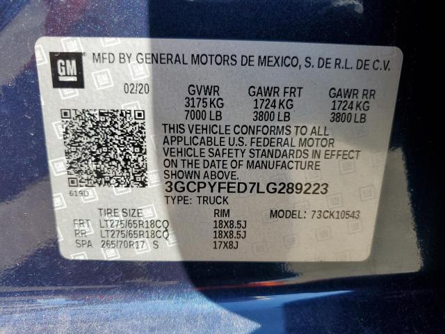 3GCPYFED7LG289223 - 2020 CHEVROLET SILVERADO K1500 LT TRAIL BOSS BLUE photo 12