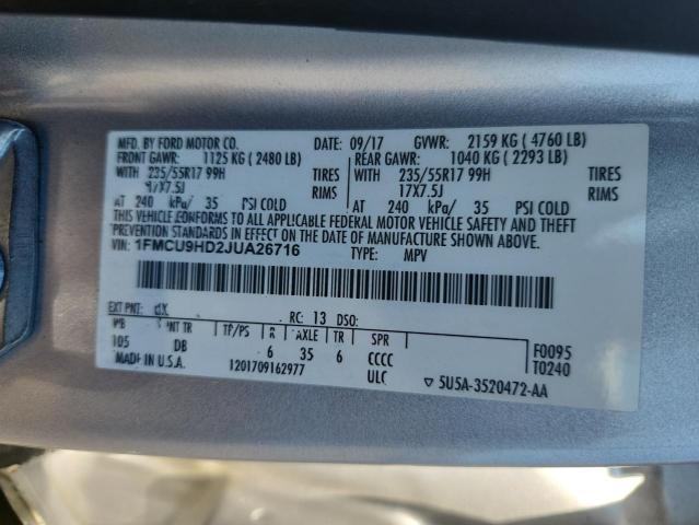 1FMCU9HD2JUA26716 - 2018 FORD ESCAPE SEL SILVER photo 12